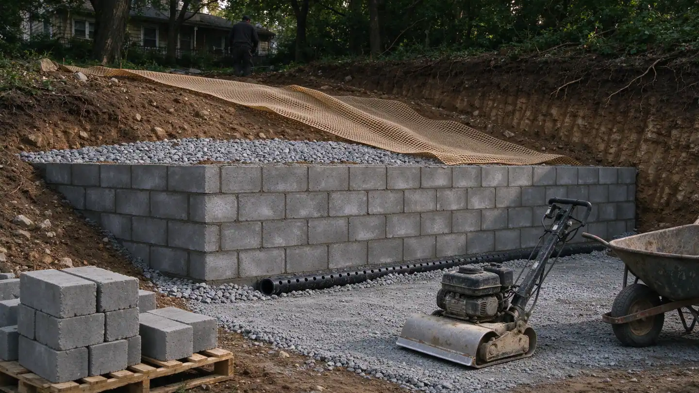 Segmental block retaining wall under construction with geogrid and clean crushed stone drainage behind it in a sloped Staten Island backyard