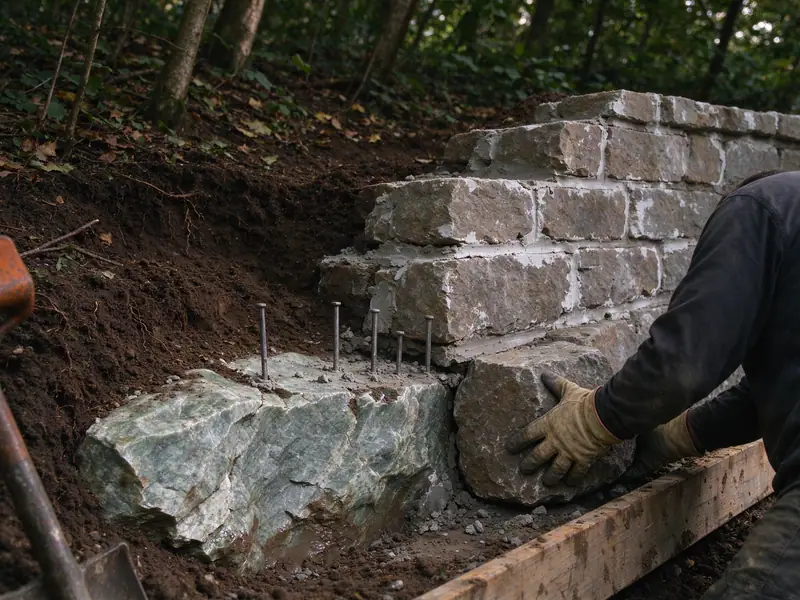 Greenish serpentinite ledge rock exposed at the footing of a stone retaining wall under repair on Todt Hill