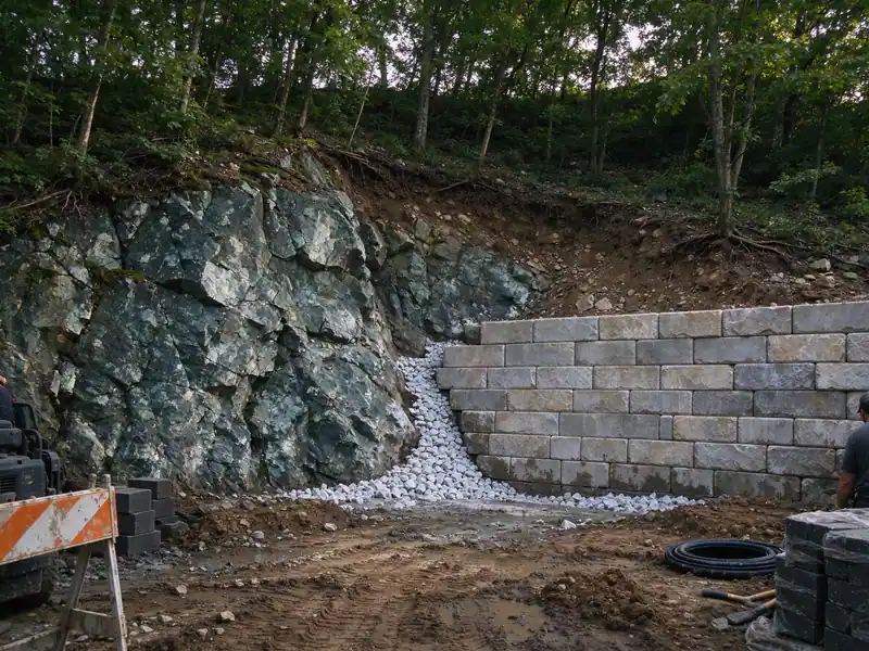 Green serpentinite rock outcrop beside a new retaining wall on a Staten Island hillside lot