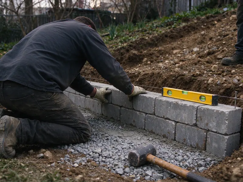 Worker setting the first course of segmental retaining wall blocks on a compacted gravel leveling pad with a string line