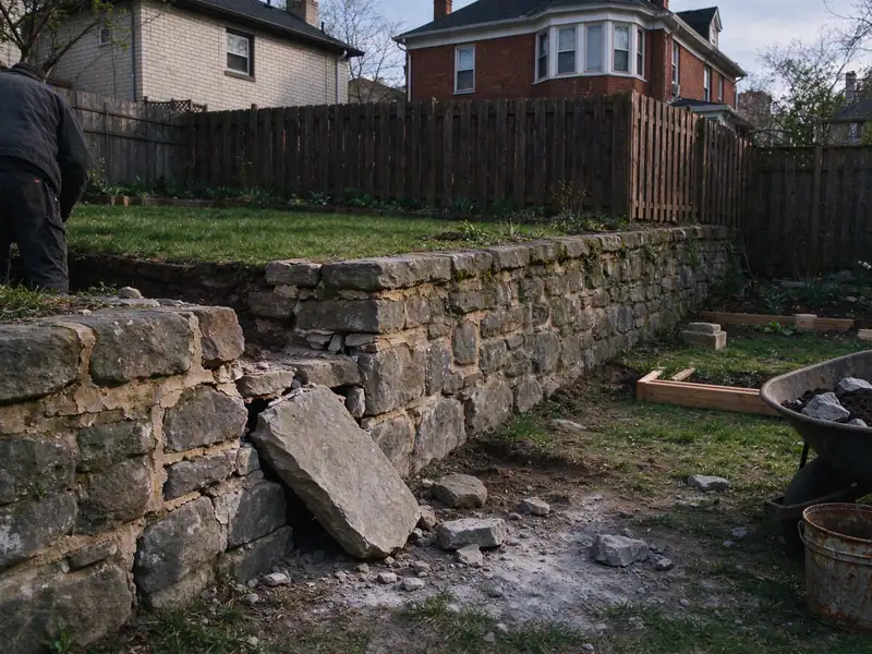 Old stone retaining wall running along the property line between two neighboring backyards at different levels
