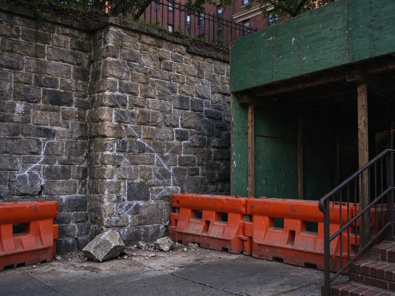 Sidewalk protection along a bulging stone retaining wall below a West Bronx apartment building