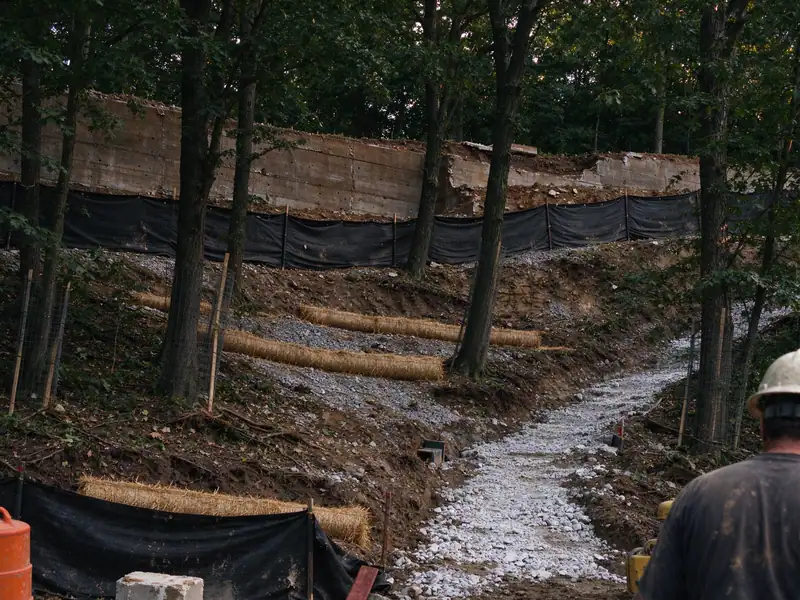Silt fence and erosion control on a slope during retaining wall construction on Todt Hill, Staten Island