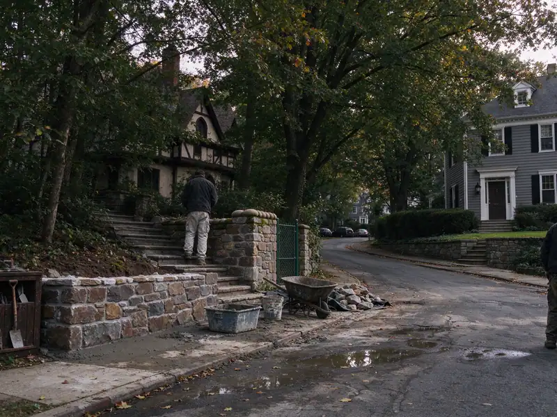 Sloped street in Douglaston, Queens, with low stone retaining walls along front yards
