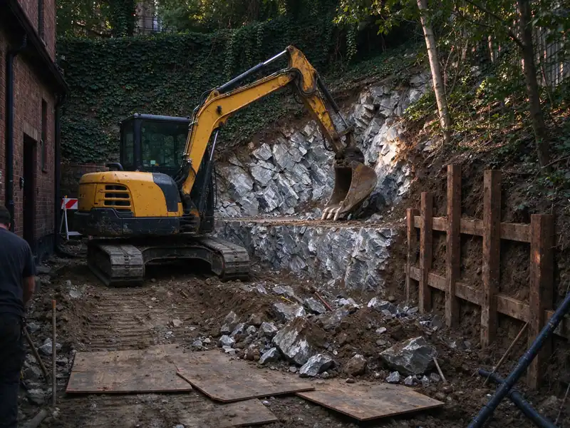 Small tracked excavator cutting a level bench into a slope for a retaining wall in Riverdale, the Bronx