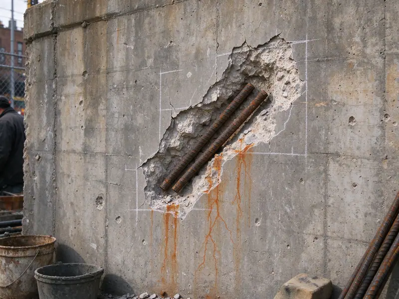 Spalled concrete on an old retaining wall with exposed rusted reinforcing steel in the Bronx
