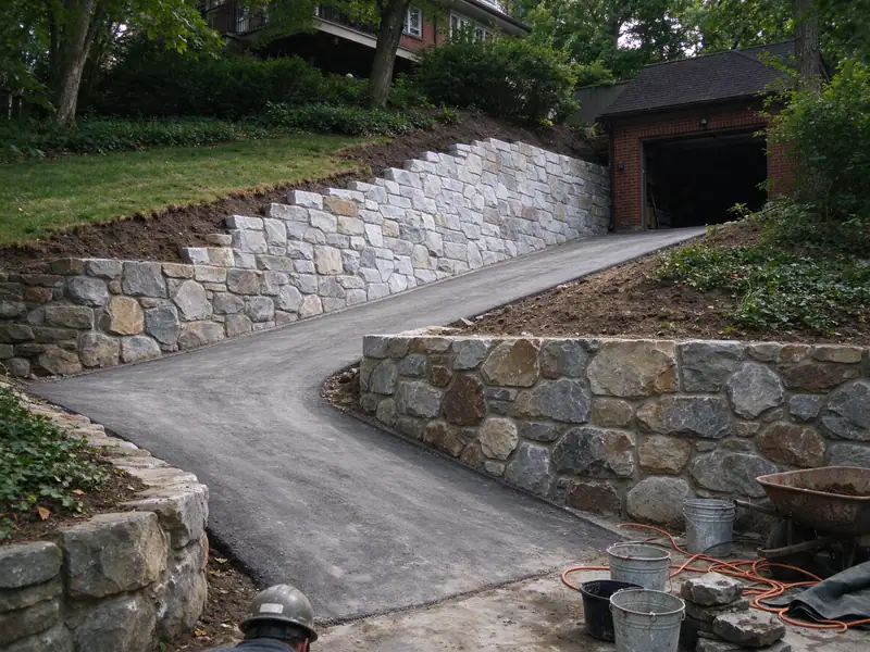 Stone retaining wall lining a driveway cut into a sloped lot in Jamaica Estates