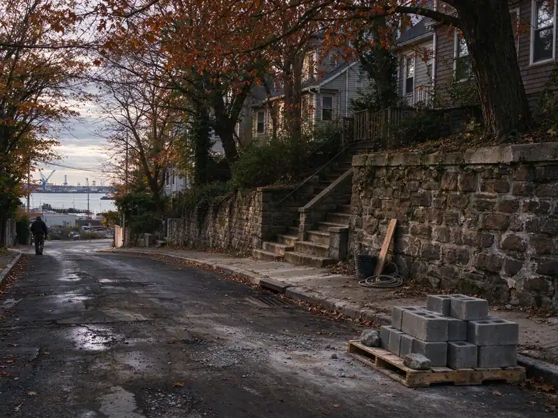 Steep residential street on Staten Island lined with stone retaining walls and stairs up to houses