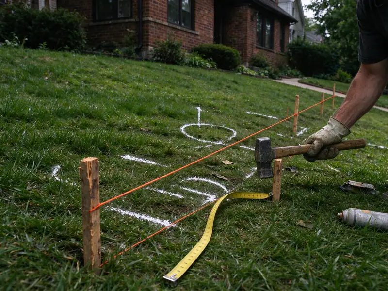 Stakes and a string line marking the layout of a new retaining wall on a sloped lawn in Whitestone, Queens
