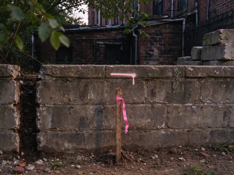 Surveyor stake and flagging marking the lot line at the base of a shared retaining wall in Brooklyn