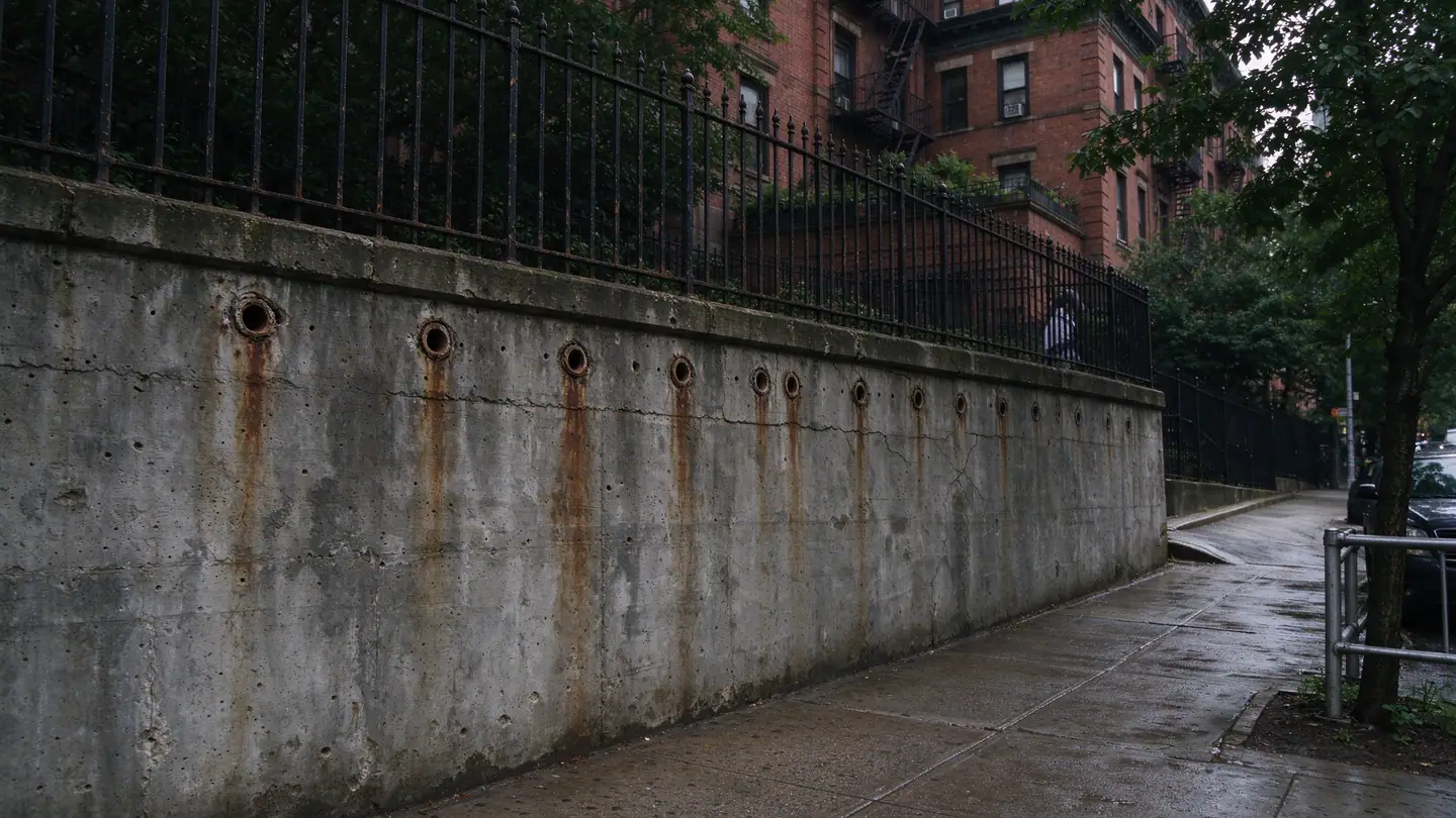 Tall weathered concrete retaining wall fronting a public sidewalk below apartment buildings in upper Manhattan