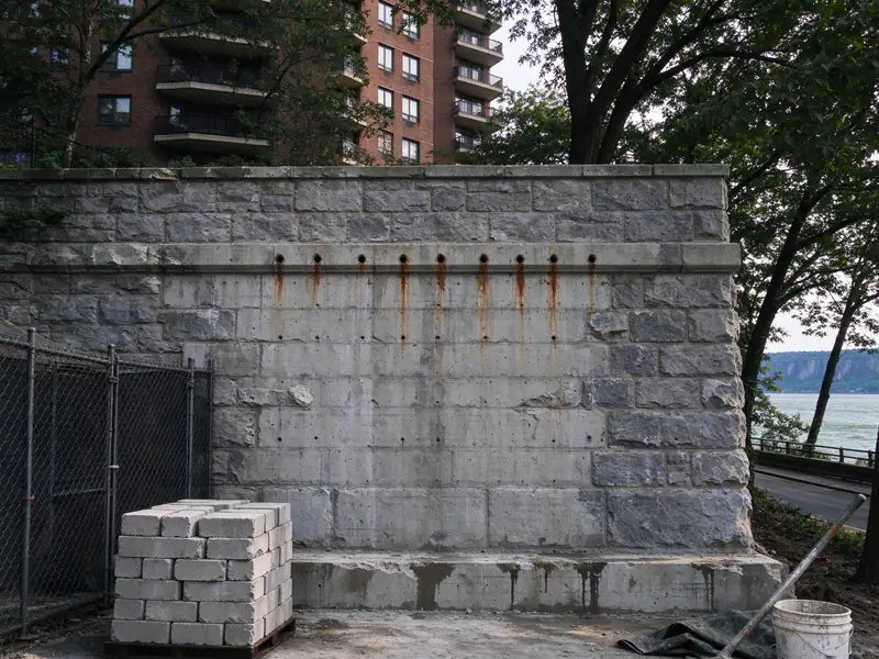 Tall concrete and stone retaining wall below a mid-century co-op building on the Hudson slope in Riverdale