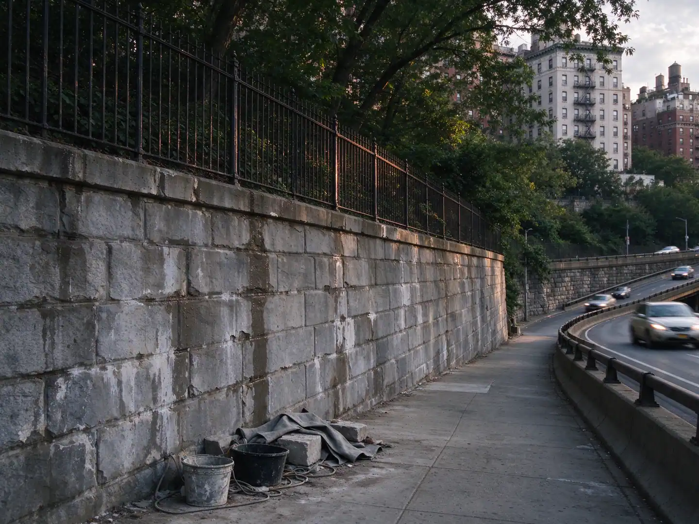 Tall retaining wall rising above a parkway and sidewalk below apartment buildings in Hudson Heights, Manhattan