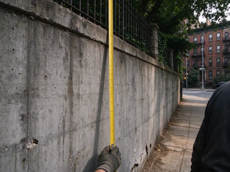 Tape measure extended up a tall concrete retaining wall beside a sidewalk in Washington Heights, Manhattan