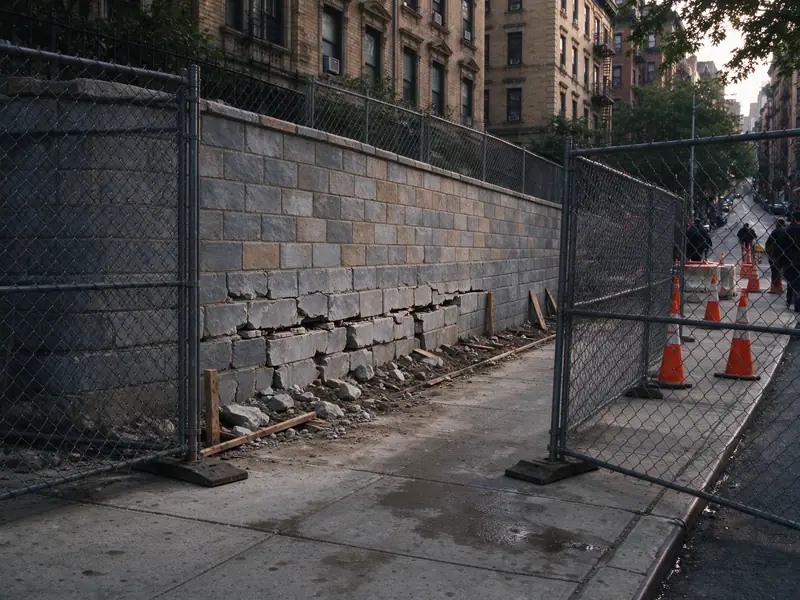 Temporary chain-link construction fence set up around an unsafe retaining wall in Mount Hope, the Bronx
