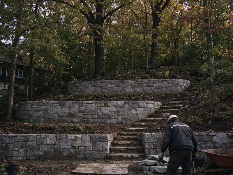 Three tiers of natural stone retaining walls terracing a steep wooded hillside lot