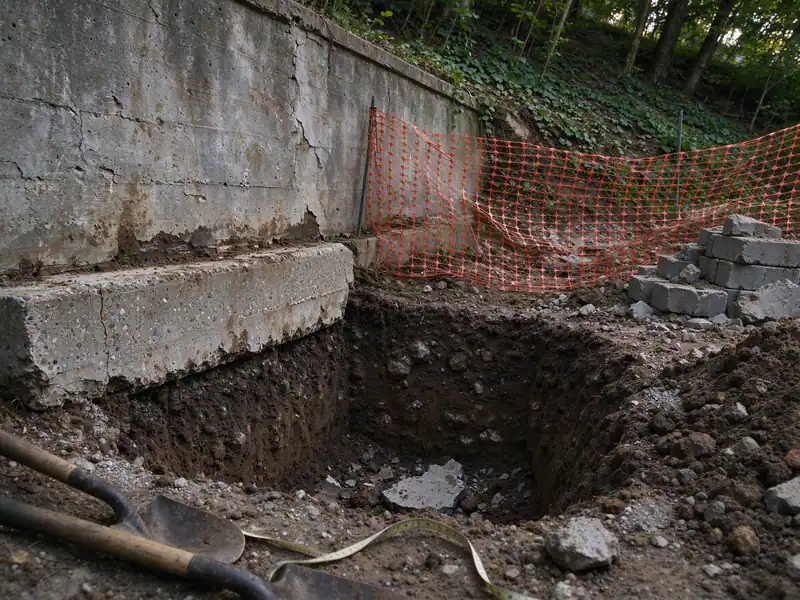 Test pit dug at the toe of a concrete retaining wall to expose the footing on Staten Island