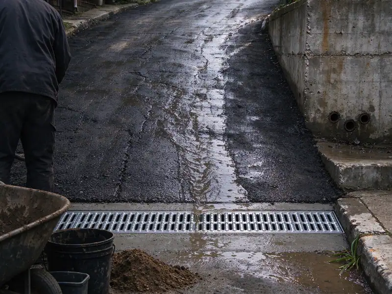 Trench drain grate across the bottom of a sloped driveway beside a retaining wall on Staten Island
