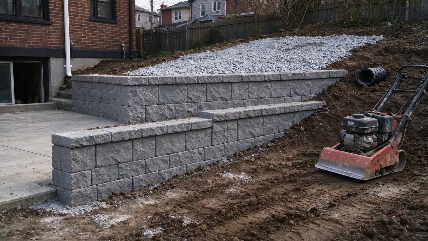 Newly built two-tier segmental block retaining wall with clean drainage stone behind it in a Queens backyard